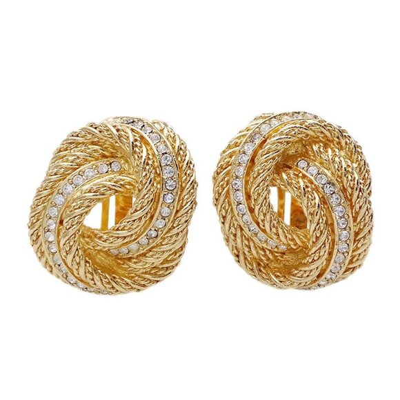 Pre-owned Christian Dior Vintage Rhinestone Gold Tone Twist Clip-on Earrings